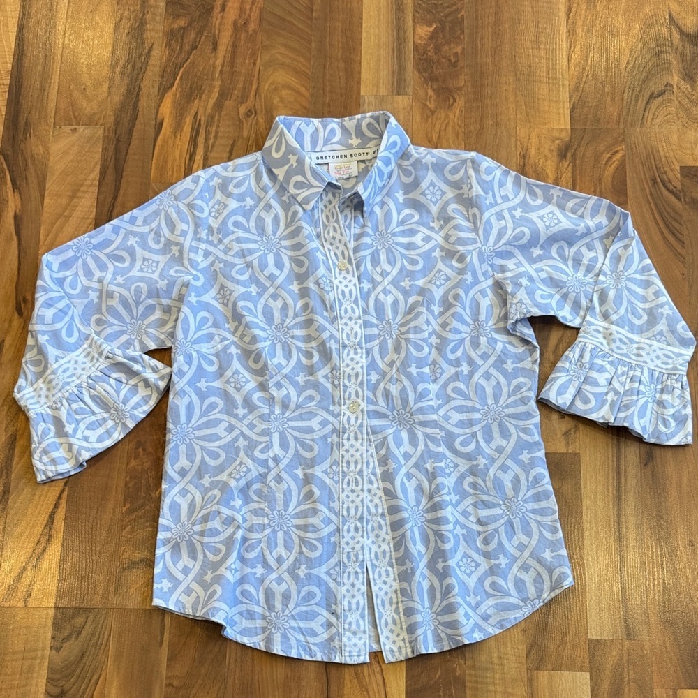 Gretchen Scott Designs Light Blue Floral Button Down Shirt